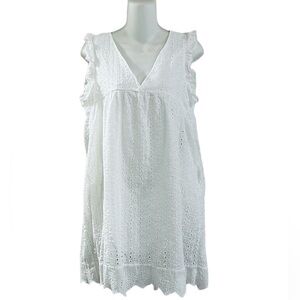 Eyelet Summer V-Neck Babydoll Ruffle Sleeve Dress Pocketed Cotton Size Small